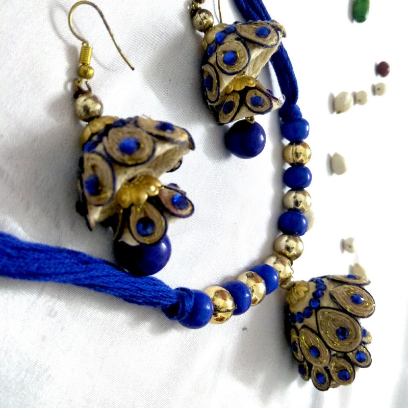 Jute Fiber Crafted Necklace Set Blue for Women